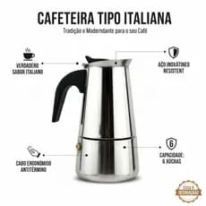 Cafeteira Tipo Italiana Cafe 6 Xícaras Expresso e Moka em Inox.
