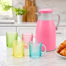 Conjunto Garrafa Térmica 1L e 4 Canecas Vidros 190ml - Rosa.