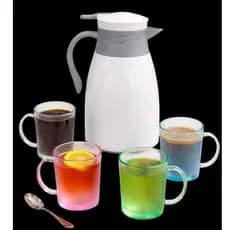 Garrafa Térmica Jarra 1L C/4 Canecas de Vidro Café Chá  Quentes e Frias Ampola de Vidro - Cores.