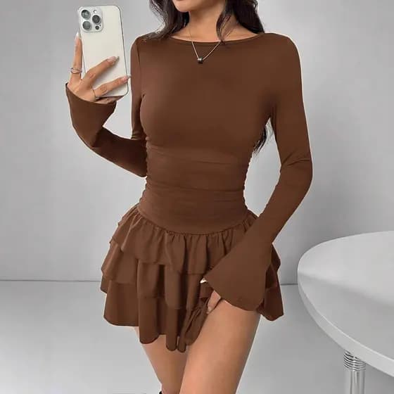 Novo Vestido Elegante Feminino de Manga Longa, Ajuste Slim, Cor Sólida, Alta Qualidade OSH8