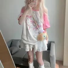 Camiseta Feminina Y2K com Estampa de Laço Rosa, Manga Curta, Estilo Casual de Verão, TY55