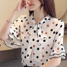 Blusa de Chiffon Feminina Plus Size para o Verão, Estilo Coreano, Estampada com Laço e Poás, Manga Curta PO52