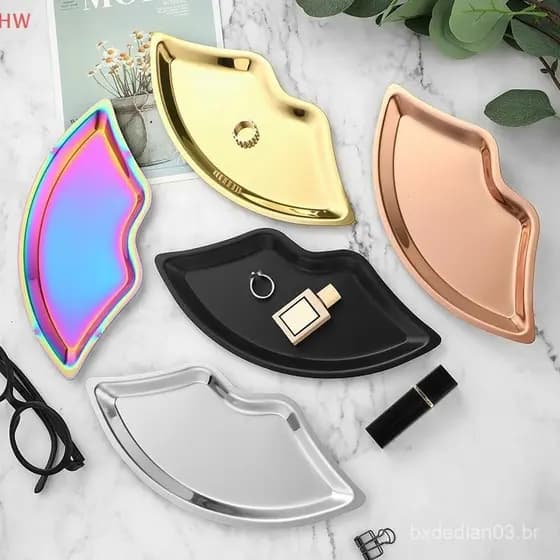 Bandeja De Jóias Em Forma De Lábio De Aço Inoxidável Casa Cosméticos Metal Feminino Armazenamento Decorativa