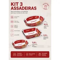 Kit 3 Assadeiras de Vidro Seletta Marinex -3,5  LITROS + Oval 4,2 LITROS  + 1,6 LITROS | Travessa de Vidro Resistente
