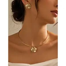 Kit Colar Choker E Par De Brincos Floral Dourado Semi Jóia