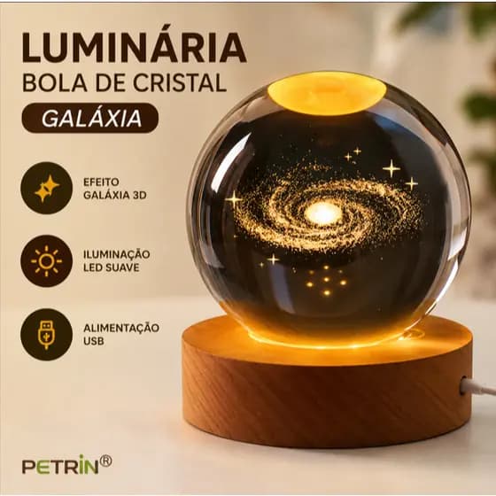 Luminária Bola De Cristal Galáxia 3D Abajur LED Base Madeira USB Decoração