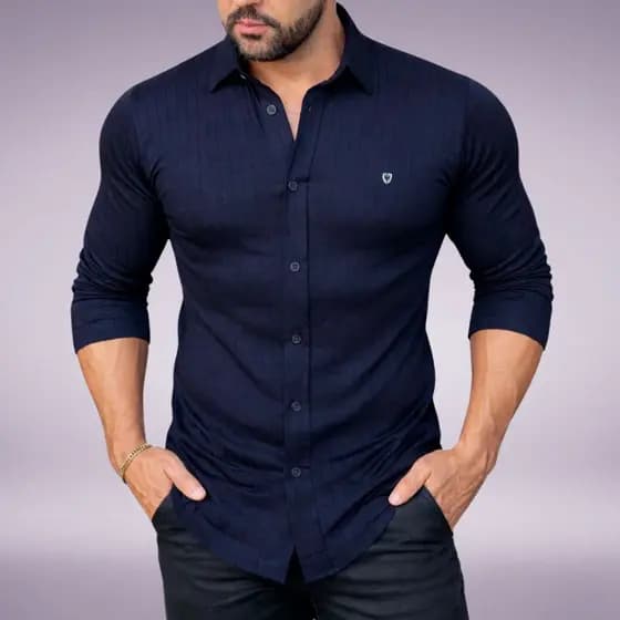 Camisa Masculina Social com Botões Slim Manga Longa Comprida Malha Texturizada Elastano Camiseta Blusa Elegante Estilosa
