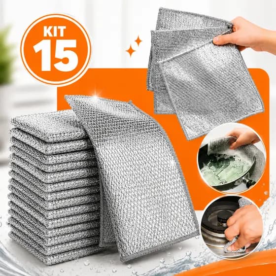Kit 15 Pano De Limpeza De Arame Metálico Multiuso Malha Não Oleosa Fogão Cozinha Prato Panela E Pia
