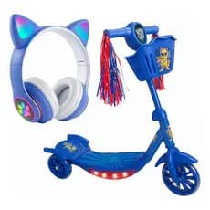 Patinete Transformes 3 Rodinhas Luz Led E Som + Fone Gatinho Azul Bluetooth Brinde