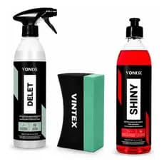 Kit Vonixx Delet + Shiny 500ml + Aplicador Profissional Vintex Pneu Pretinho Selante de Pneu Vonixx