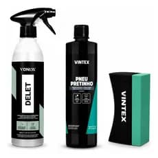 Kit Vonixx Delet 500ml + Pneu Pretinho Vintex 500ml + Aplicador profissional Pretinho para Pneu