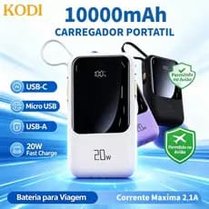 Power Bank Portátil 10000mAh, 4 Cabos de Carga Rápida PD, Compatível Android e iOS com Lanterna - A6