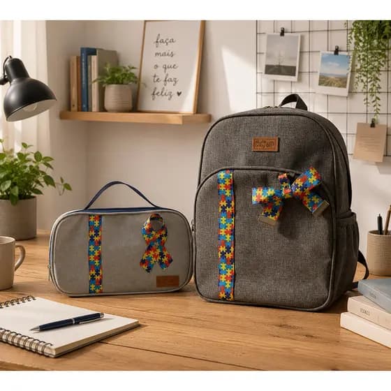 Kit mochila + nécessaire personalizado autismo autista infantil organizador escola