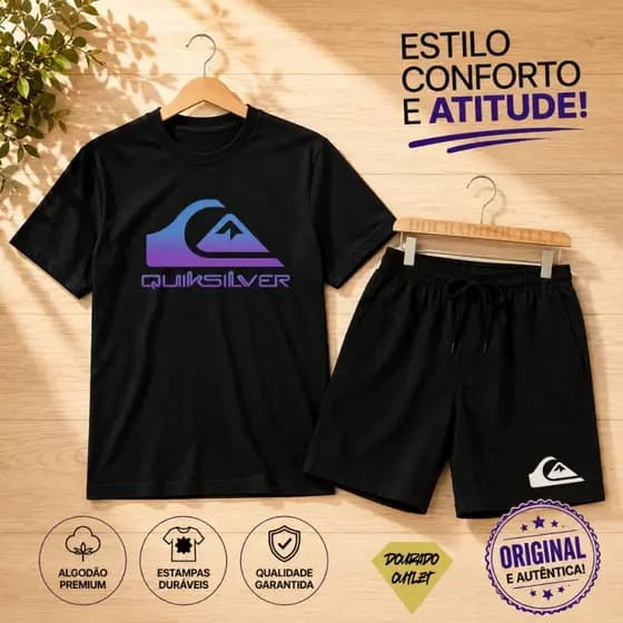 Camiseta e Short Quiksilver Casual Estampa de Qualidade Esporte Surfista