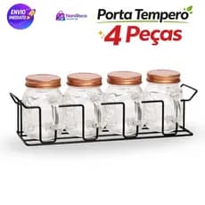 Kit 4 Potes Porta Temperos 120ml com Suporte Metálico Organizador Vidro Resistente para Cozinha Moderna