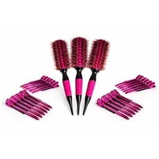 Kit 3 Escova Javali Rosa + 24 Presilha Alumínio Rosa