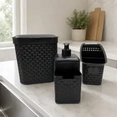 Kit 3 Peças Rattan Lixeira 5L Organizador Dispenser Preto Praticidade Organização