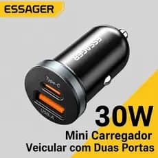 Carregador Veicular Essager 30W Turbo | USB + USB-C | PD 3.0 QC 4.0 | Carregamento Rápido iPhone Samsung Xiaomi Motorola