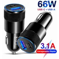 Carregador Veicular 66W USB C PD QC3.0 Turbo Duas Portas Metal Preto