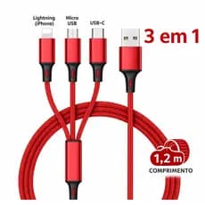 Cabo Carregador 3 em 1 USB Tipo C Lightning Micro USB 2.4A Carregamento Rápido Universal 1.2m