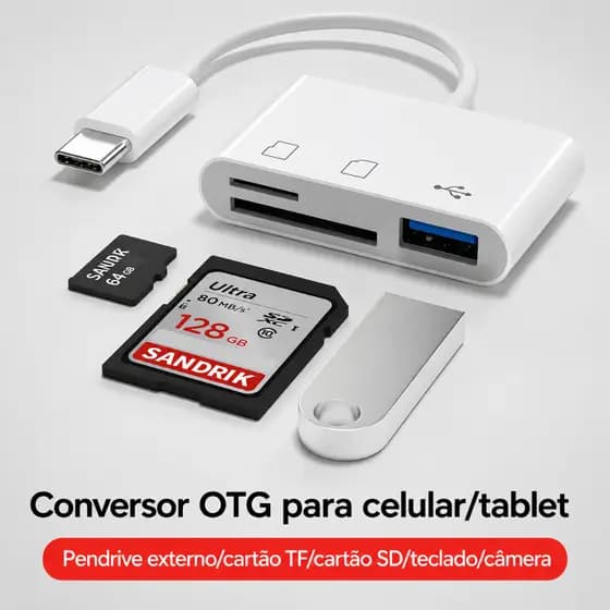 Adaptador USB Tipo C 3 Em 1 OTG Leitor Cartão SD TF USB 2.0