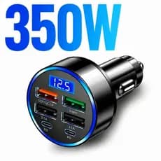 Carregador Veicular Turbo 350W 6 Portas USB USB-C PD QC3.0 Carregamento Rápido LED Digital