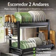 Escorredor de Louça 2 Andares Preto Organizador Completo Pratos Copos e Talheres