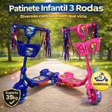 Patinete Infantil 3 Rodas Dobrável Luz Som Estável Seguro Menino Menina Diversão Oferta