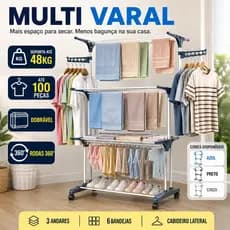 Varal de Chão Dobrável 3 Andares com Cabideiro Rodinhas Suporta 48kg Organizador Roupa