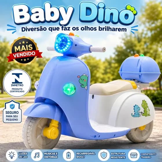 Moto Elétrica Infantil Baby Dino Azul Luz LED Música USB Recarregável Scooter Criança 3 a 6 Anos