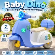 Moto Elétrica Infantil Baby Dino Azul Luz LED Música USB Recarregável Scooter Criança 3 a 6 Anos