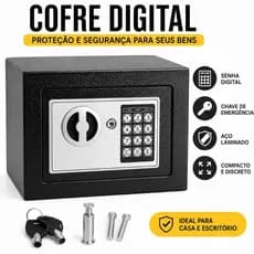Cofre Digital Eletrônico com Senha e Chave de Emergência em Aço Preto para Dinheiro Documentos Joias