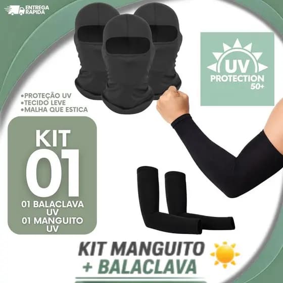 KIT 01 Manguito Balaclava Touca Ninja Preta Proteção  UV 01 Managa – Moto, Bike, Pesca, Uso Tático, Airsoft e Paintball