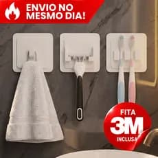 Kit 3 Suportes Organizador para Banheiro sem Furos, Porta 2 Escovas, Barbeador e Toalha com Fita 3M