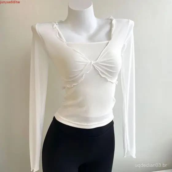 JUNYUE Cardigan Com Nó De Malha , Cardigã Transparente Babados De Manga Comprida , Blusas Coreanas De Proteção Solar Par
