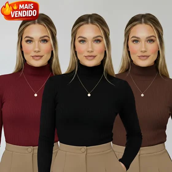 Blusa Cacharrel Feminina Gola Alta Canelada Manga Longa Inverno Segunda Pele Premium Promoção