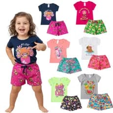 Kit 4 Peças Infantil Menina com Blusa e Shorts Estampado Verão Conjunto Infantil Menina