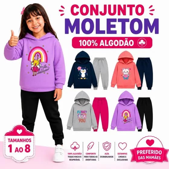 Kit com 6 ou 4 Peças de Moletom Infantil Menina com Capuz Inverno Frio Tam 01 ao 08 Feminino