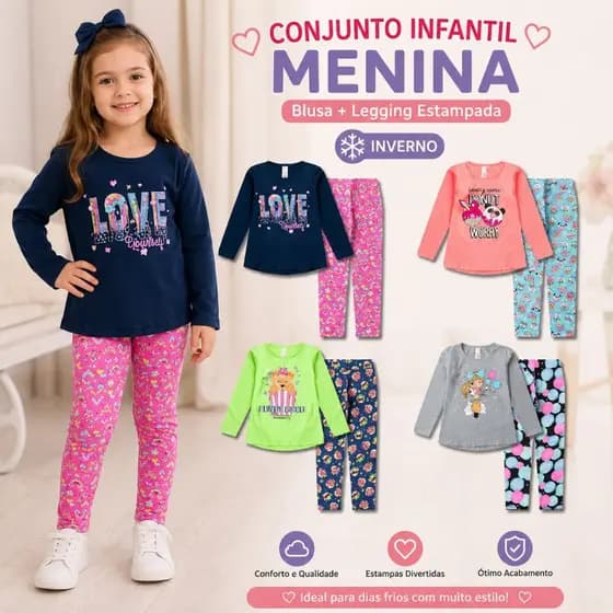 Kit 2 ou 4 Peças Conjunto Infantil Menina Inverno Blusa + Legging Estampada Roupa Infantil Feminina Confortável