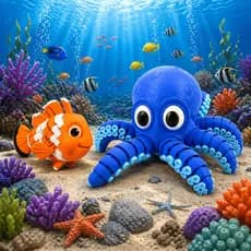Kit Polvo Articulado e Peixe Palhaço Flexível Brinquedo Sensorial Relaxante Infantil