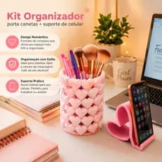 Kit Organizador de Mesa Porta Canetas Maquiagem e Suporte Celular Coração Decorativo Escritorio