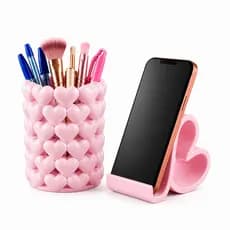 Kit Porta Maquiagem Canetas e Suporte para Celular Coração Organizador Escritorio