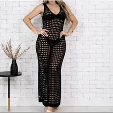 Vestido Saída de Praia Longa Com Fendas nas Laterais e Decote Em V Plus Size