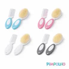 Kit Escova e Pente Bebe Cerdas Macias Brancas Infantil Recém Nascido Rosa Azul
