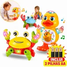 KIT Pato Dançarino + Caranguejo Fujão PILHAS Luz Som Brinquedo Musical Patinho Dança Interativo