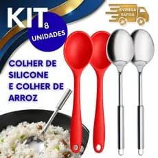 8 COLHERES DE SILICONE E ARROZ COLHER DE SILICONE COM 27CM COLHER DE AÇO INOX COM 31CM USO DIÁRIO