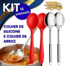 18 COLHERES DE SILICONE E ARROZ COLHER DE SILICONE COM 27CM COLHER DE AÇO INOX COM 31CM USO DIÁRIO