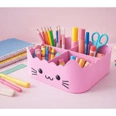Organizador de Mesa Gatinho Kawaii – Porta Lápis Canetas e Maquiagem (4 Divisórias)