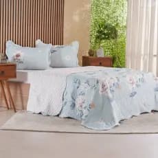 Kit Cobre Leito Casal Estampado 3 Peças Dupla Face Matelado Boutis Porta Travesseiro Cama Box Macio
