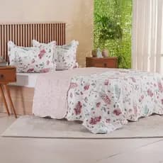 Kit Colcha Cobre Leito Queen Estampado 3 Peças Dupla Face Matelado Boutis Porta Travesseiro Cama Box